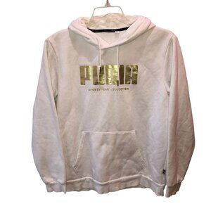 PUMA Mens Large?? White Gold Logo Pullover Hooded Jacket Hoodie Sweatshirt
